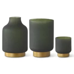 K&K Interiors Frosted Green Glass With Gold Base Vases