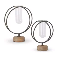 K&K Interiors Test Tube Vases In Round Metal Frame With Wood Bases